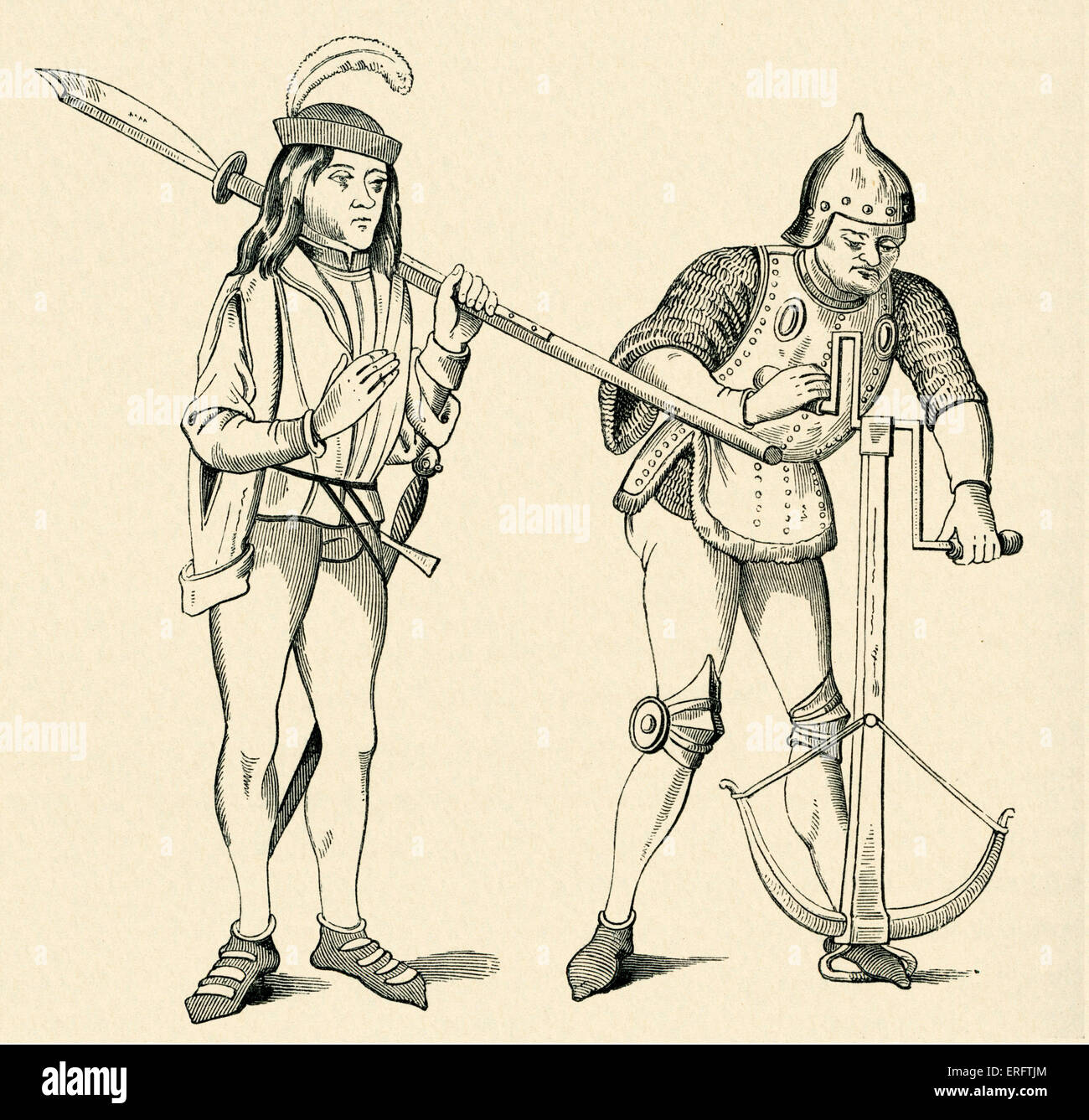 Varlet/Squire portant une hallebarde et archer dans la lutte contre la chaîne de dessin robe son arbalète. Banque D'Images