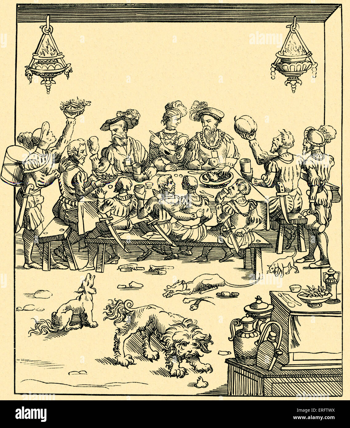 Repas médiéval italien - la question de table. Les Nobles et les femmes autour d'une table. Copie d'une gravure sur bois, dans le traité de Christoforo di Messisburgo, Ferrare, 1549. Banque D'Images