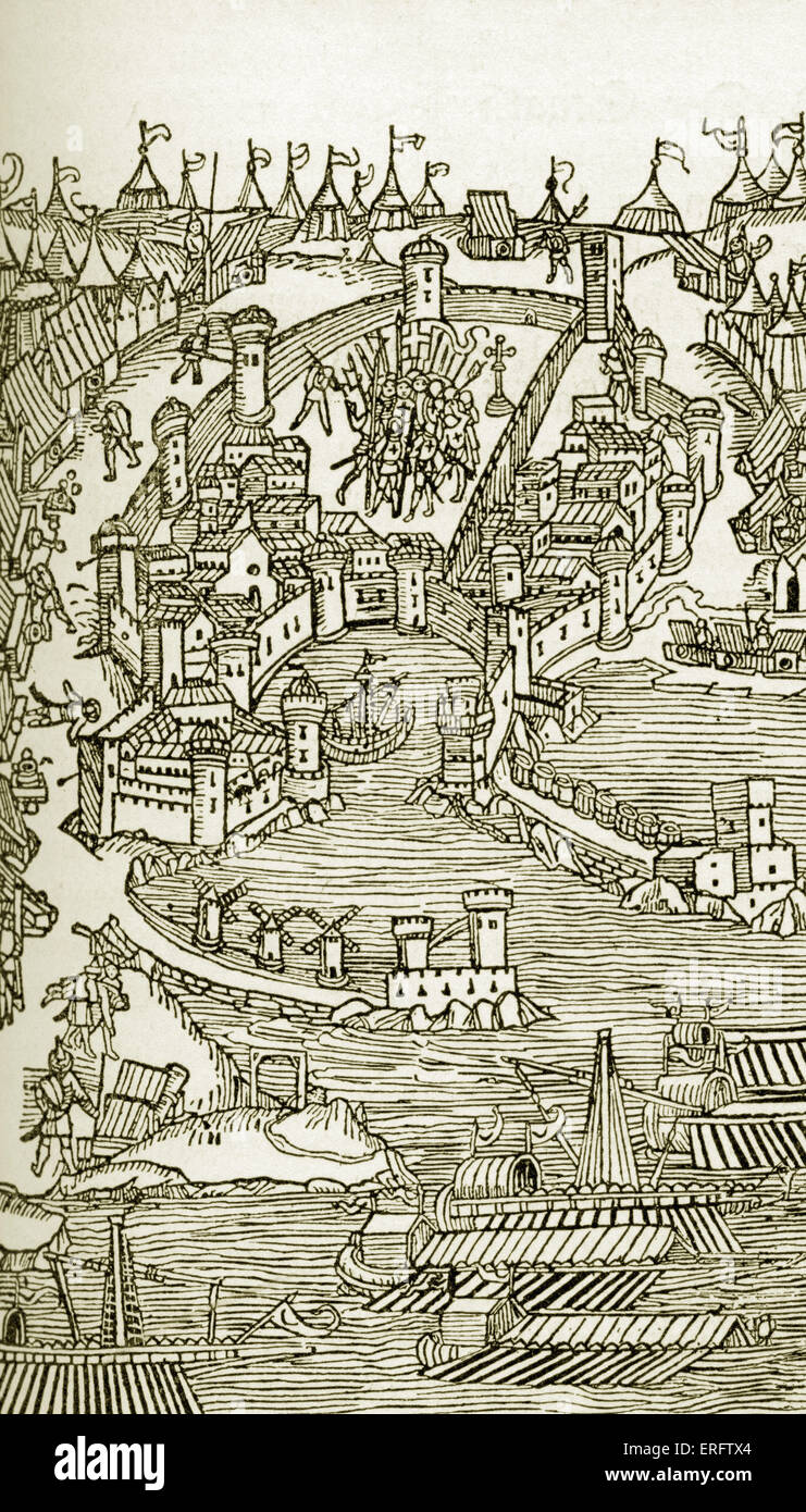 Siège de Rhodes par les Chevaliers de St Jean pendant les Croisades. La gravure sur bois. Banque D'Images