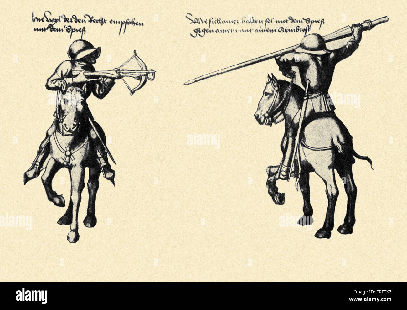 Des mercenaires allemands au combat, à l'aide d'une arbalète et l'autre en utilisant le brochet. (Landsknecht) tous deux montés sur des chevaux. Source : Banque D'Images