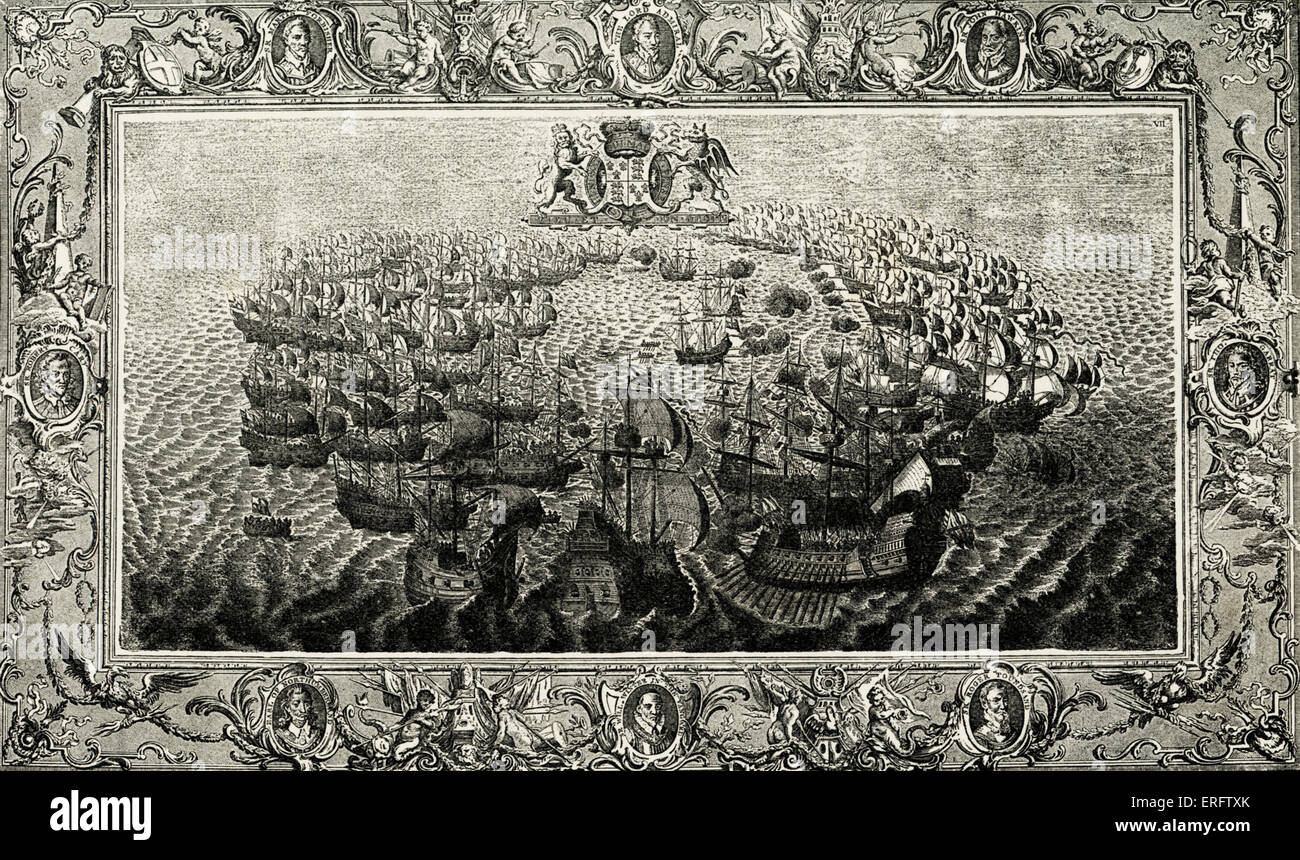 Bataille navale entre l'Armada espagnole et la flotte anglaise, au large de l'île de Wight. La gravure du pin, 1739. Encerclant les navires Banque D'Images