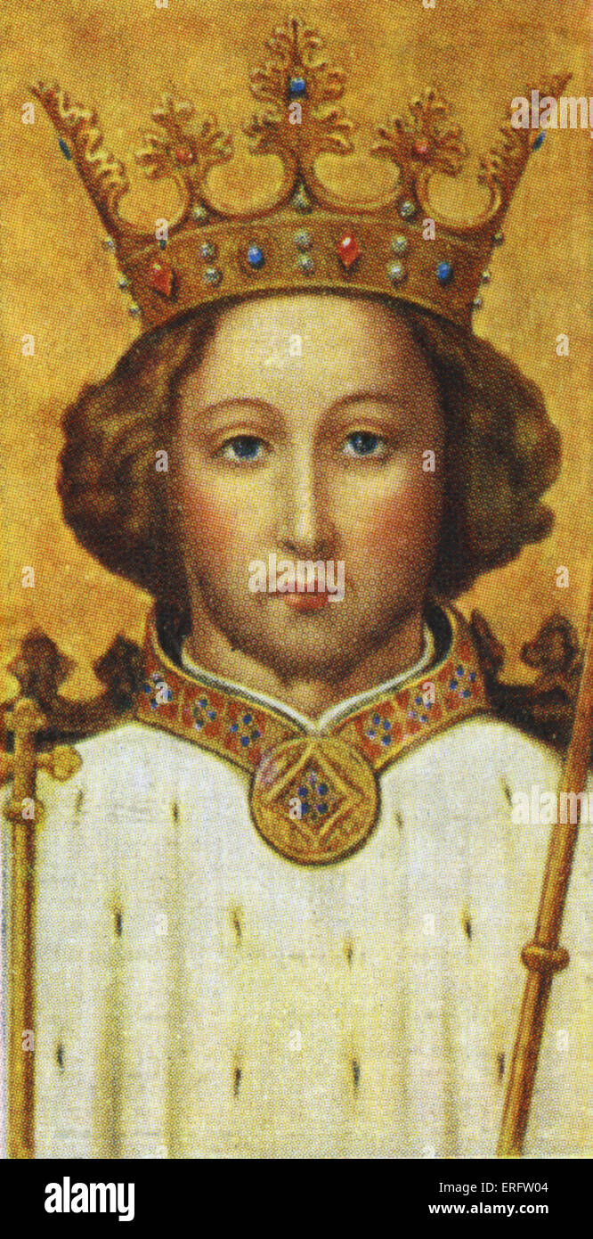 Le roi Richard II - portrait (qui régna de 1377 -1399). À l'âge de 14 ans le fils du Prince Noir a montré son courage en faisant face à une foule en colère au Mile End. La plupart de son règne fut pacifique, jusqu'à ce qu'il est devenu uninged vers la fin et a été déposé par Henry Bolingbroke. À partir de la cigarette du joueur basé sur carte paintng contemporain à l'abbaye de Westminster. Banque D'Images