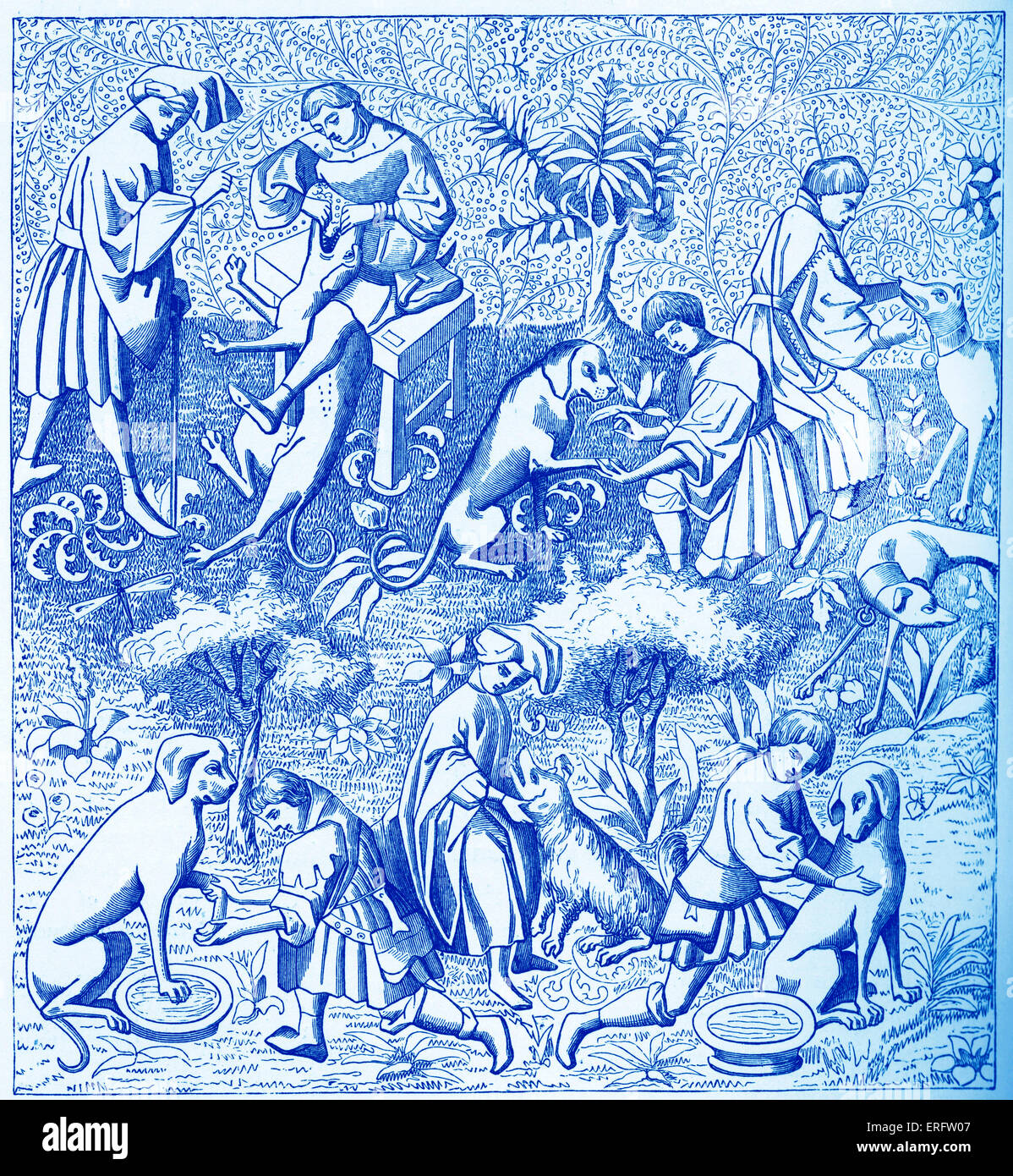 Cité médiévale de chiens de garde, y compris le bain, le brossage, le nettoyage de la bouche et en retirant les épines des pattes des chiens. Dans la miniature Banque D'Images