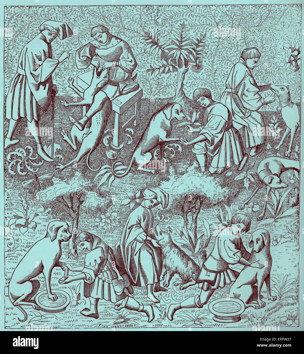 Cité médiévale de chiens de garde, y compris le bain, le brossage, le nettoyage de la bouche et en retirant les épines des pattes des chiens. Dans la miniature Banque D'Images