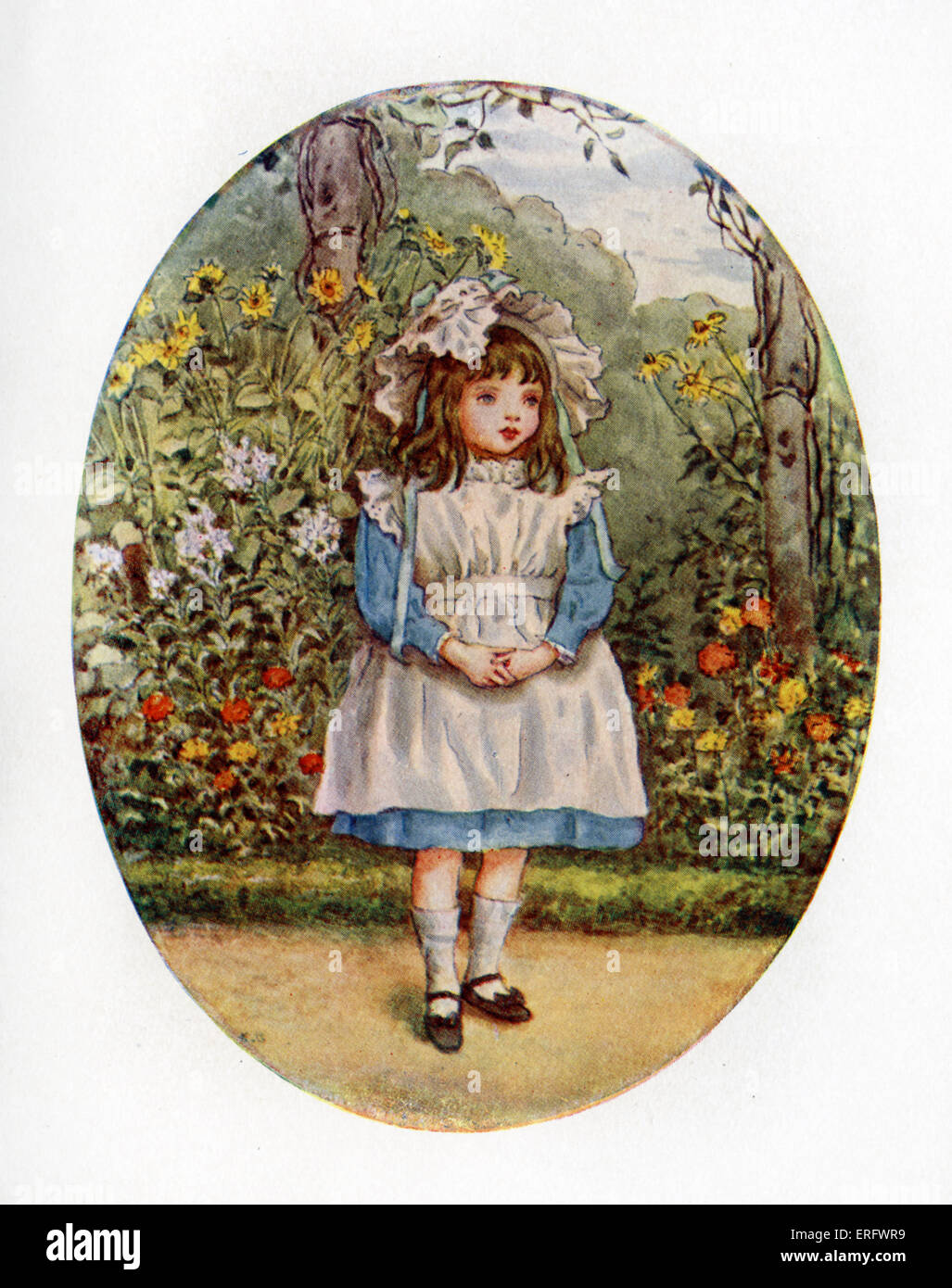 'Joan Ponsonby, 1891' par Kate Greenaway. Victorian girl in garden. Banque D'Images