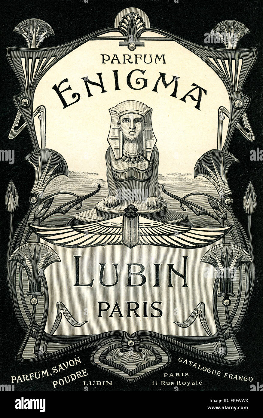 Publicité pour parfum Enigmat. Parfum, savon, poudre, parfum, savon, Powder. Illustration de style égyptien. Banque D'Images