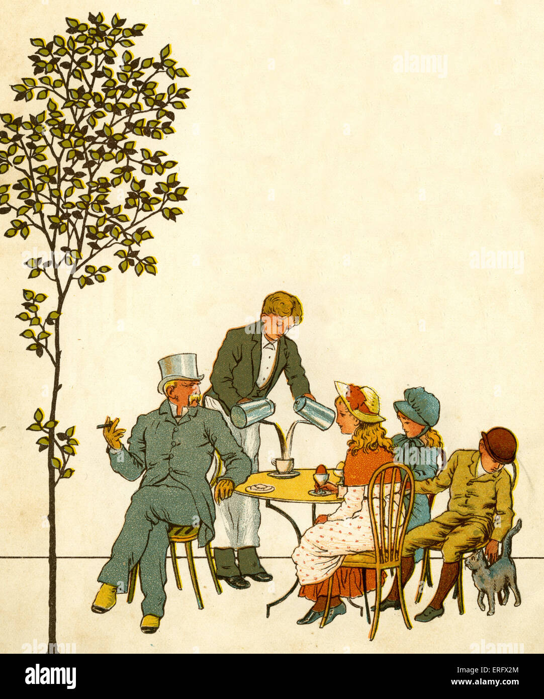 Café à l'extérieur, à Paris à la fin du 19e siècle avec waiter serving coffee.Victorian enfants en vacances en France. 1882. Dessiné Banque D'Images