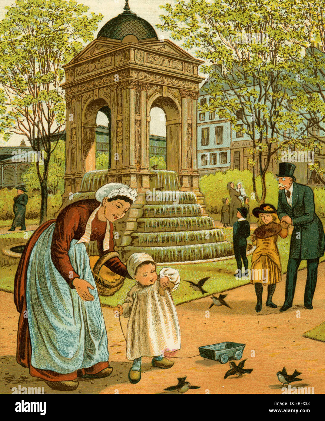 La fontaine des Innocents - les enfants de nourrir les oiseaux avec du pain à côté de la fontaine, Paris, France. 1882 dessiné par Thomas Banque D'Images