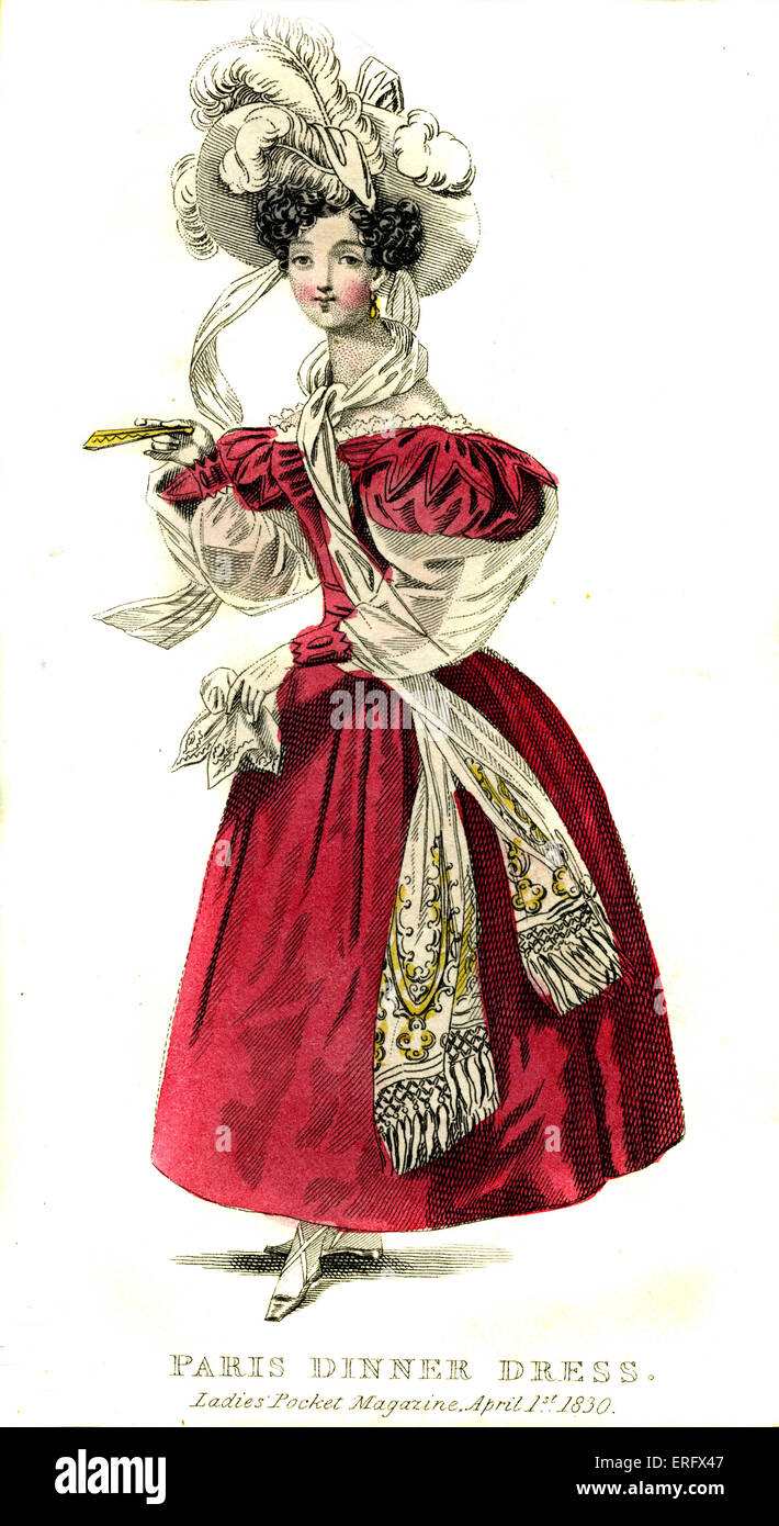 Robe du soir de Paris à partir de 1830 - la mode. De Mesdames Pocket Magazine avril 1830. Banque D'Images