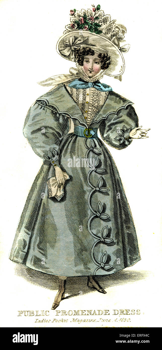 Promenade publique à partir de 1830 à la mode - robe robe. De Mesdames Pocket Magazine Juin1830. Banque D'Images