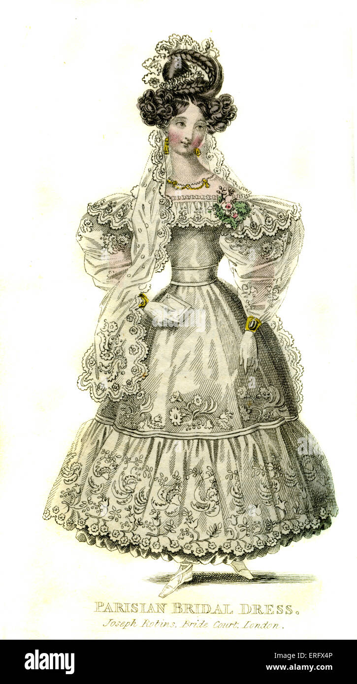 Robe de mariée parisienne 1830 - vêtements de mode. De Mesdames Pocket Magazine mai1830. Banque D'Images