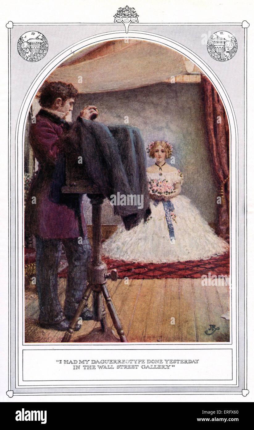 Photographe américain à la fin du 19e siècle. Studio de New York. Sous-titre suivant : 'J'avais mon daguerréotype fait hier dans le Wall Street Gallery". Jeune femme posant avec bouquet de fleurs et portant une tenue spéciale et la coiffure. Illustration par John Rae Banque D'Images