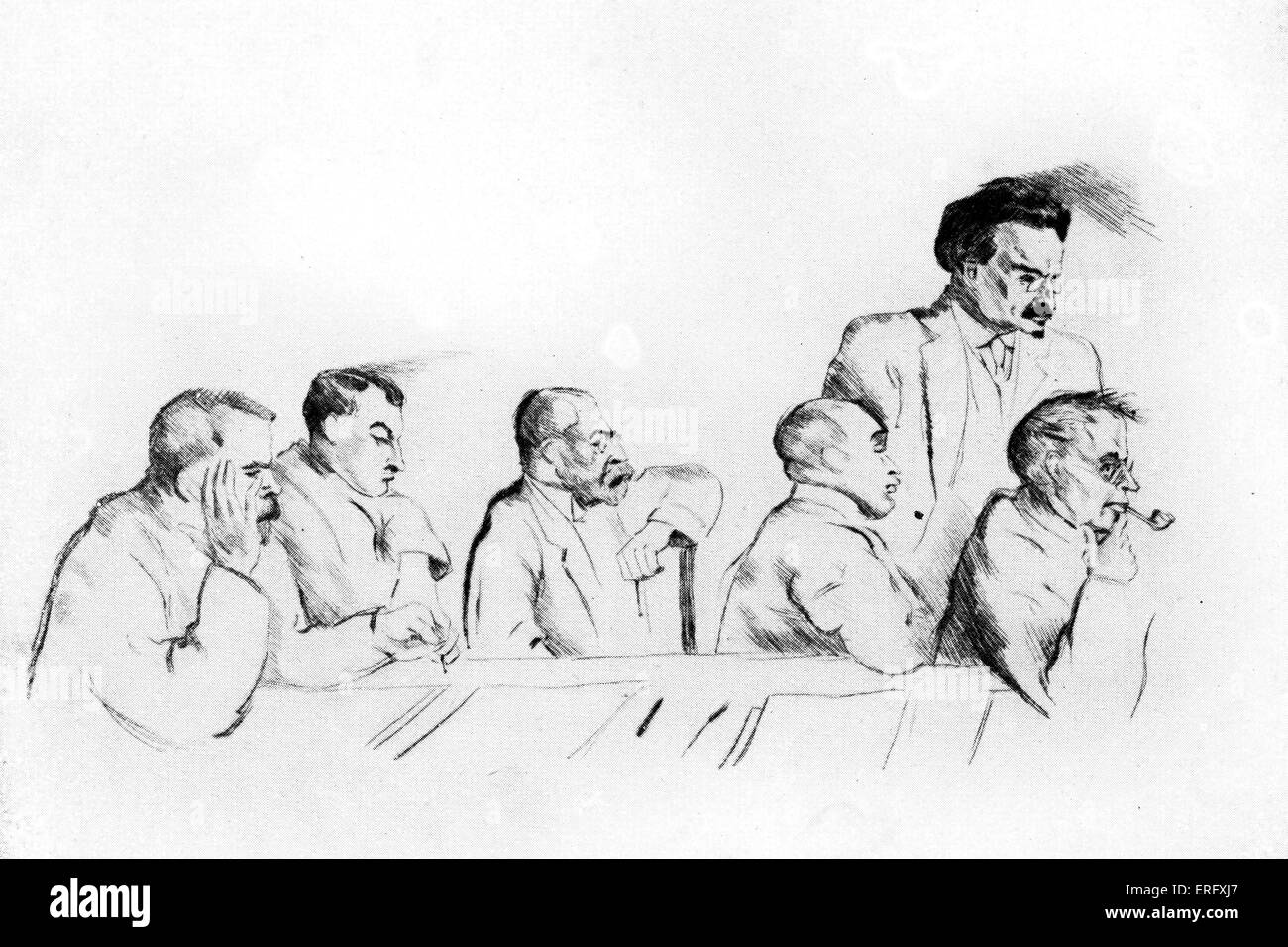 Les Russes au moment de la signature du Traité de Brest-Litovsk le 3 mars 1918, à Brest-Litovsk entre la Russie et les puissances centrales, marquant la sortie de la Première Guerre mondiale. Dessiné par Emil Orlik. République tchèque, artiste graveur et lithographe : 21 juillet 1870 - 28 septembre 1932 Banque D'Images