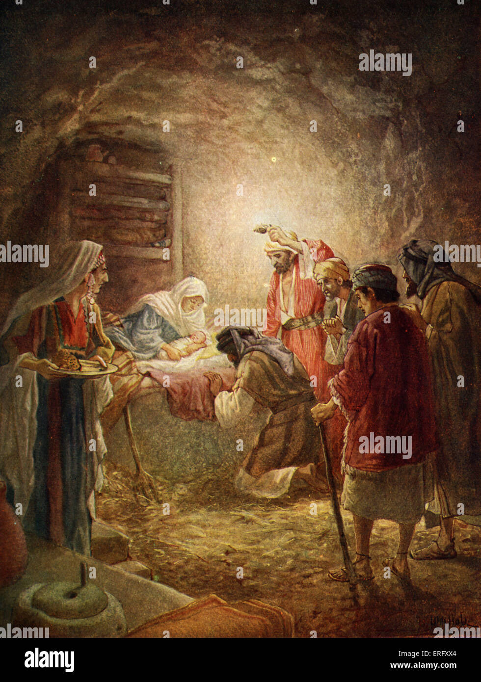 Scène de la nativité. 'Et ils y allèrent en hâte, et trouvèrent Marie et Joseph, et le petit enfant couché dans la crèche". Luc II, 15, 16 Banque D'Images