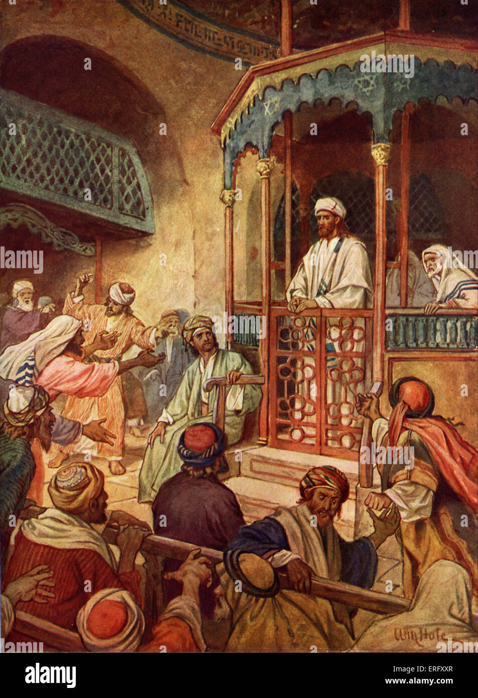 Jésus est rejeté à Nazareth. "Et ils furent tous remplis de colère dans la synagogue, ils écoutaient ces choses, et ils ont augmenté Banque D'Images