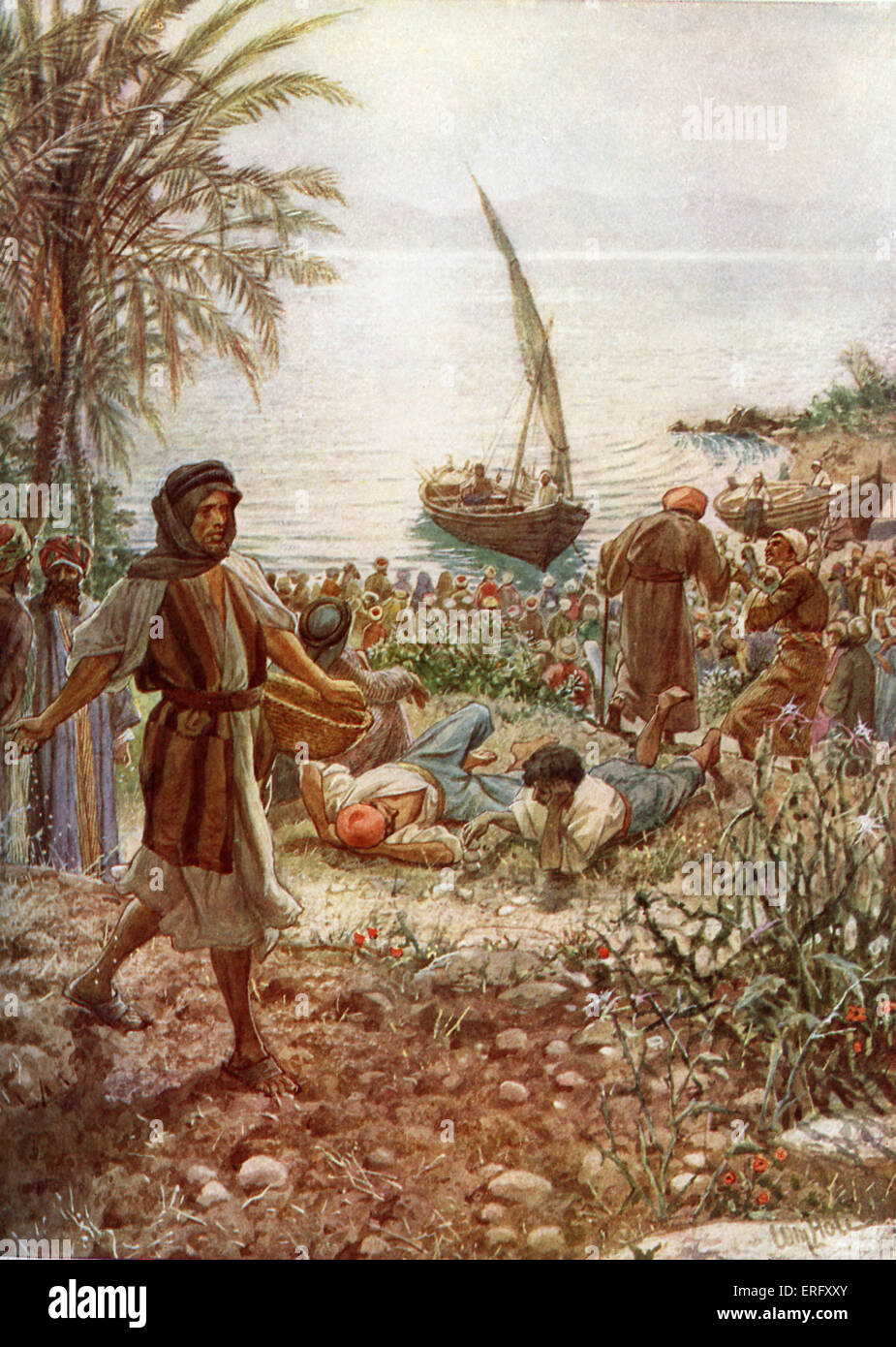 Jésus prêche la parabole du semeur. "Jésus se mit de nouveau à enseigner au bord de la mer. Et il n'y a recueilli auprès de lui une véritable Banque D'Images