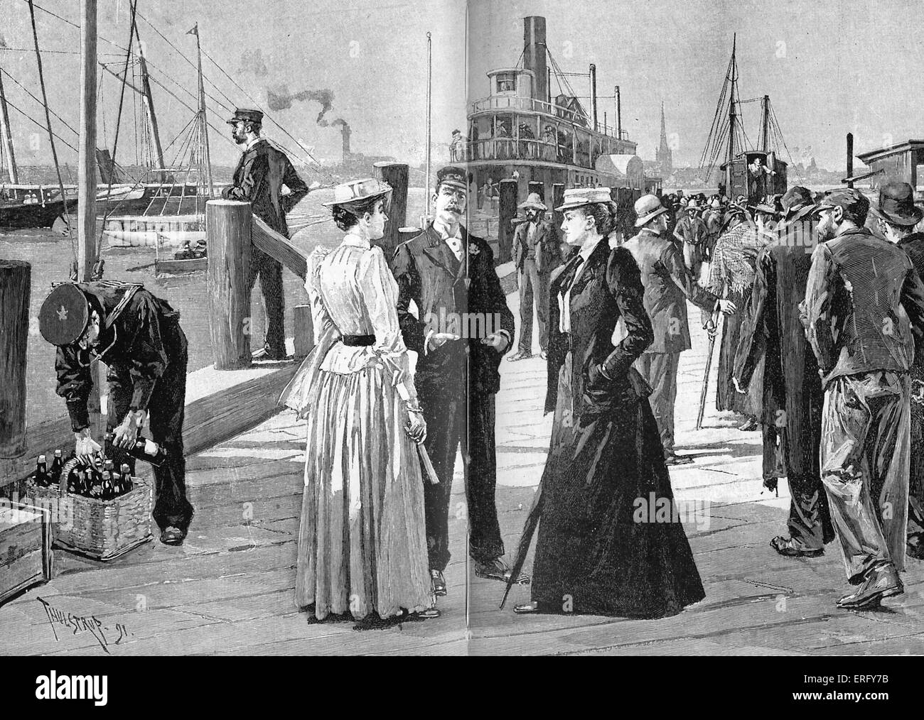 Les membres du New York Yacht Club, 1890. Au pied de la vingt-sixième Street, East River, New York. Sur la droite un groupe de Banque D'Images