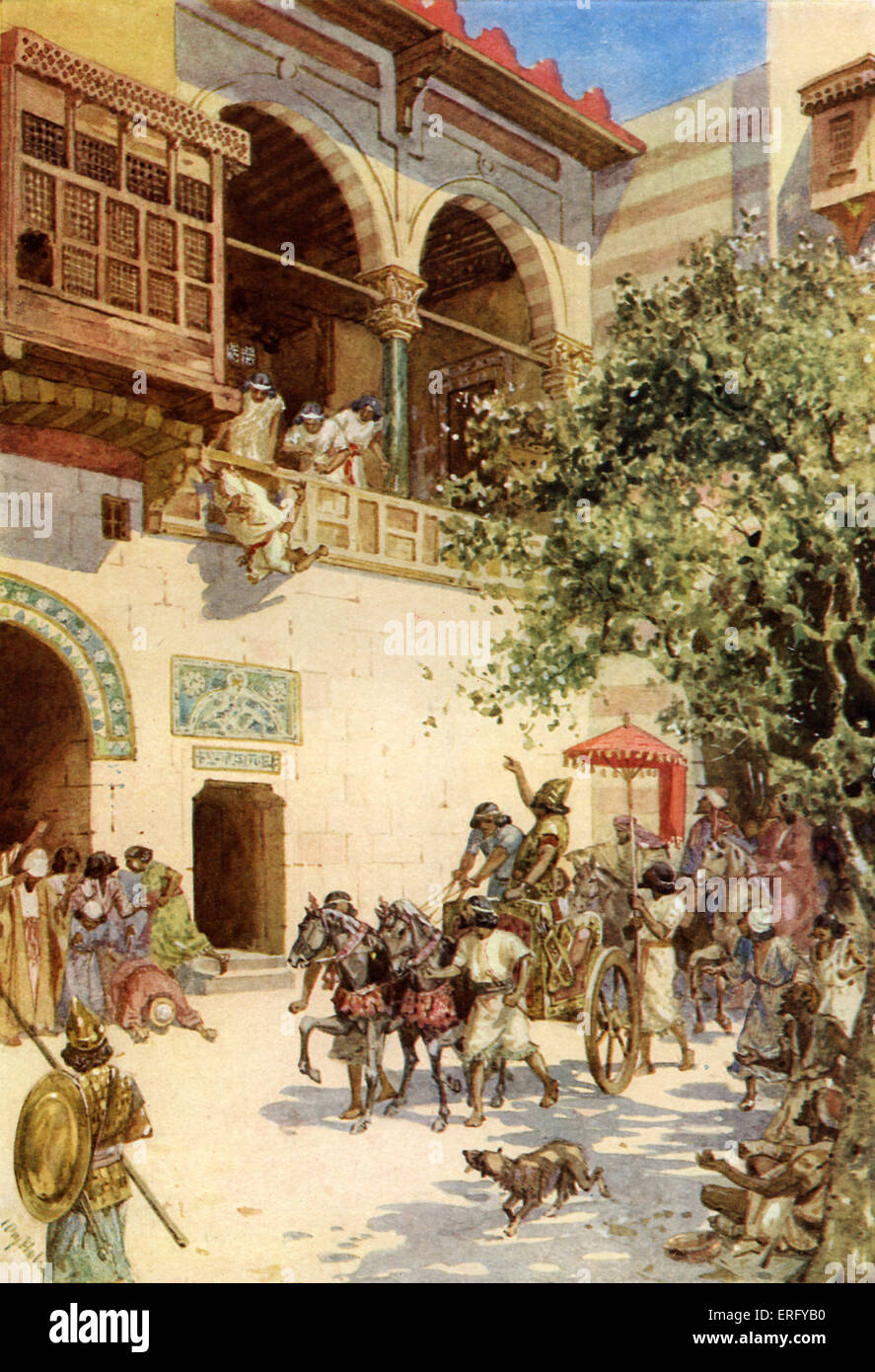 La mort de Jézabel. (Femme d'Achab, et mère du roi Joram) 2 Rois 9 : 33 -36. 'Et il (Jéhu) dit : Jetez-la en bas. Ainsi ils Banque D'Images