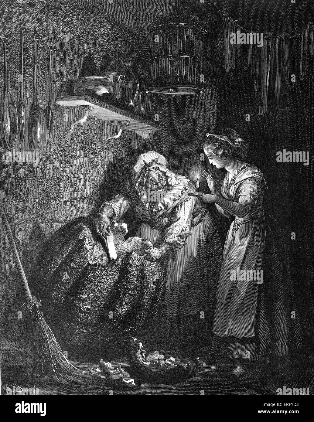 Cendrillon : Cendrillon fée marraine de sculpter la citrouille en autocar, gravure de Gustave Doré. À partir de la collection de Banque D'Images