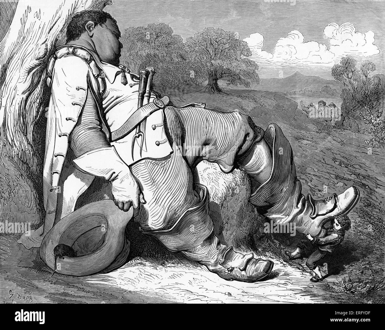 Hop o' mon pouce : Hop o' mon pouce tire de l'un des sept de Sleeping Giant-league boots, gravure de Gustave Doré. À partir de la collection de contes de fées en 'Fairy' Royaume, par Tom Hood le plus jeune. Dessiné par Gustave Doré, artiste français, b 6 Janvier 1832 - Le 23 janvier 1883. Graveur inconnu. Tom Hood le jeune Anglais, écrivain, dessinateur et poète, b 1835 - 1874. (Similaire à Tom Pouce) Banque D'Images