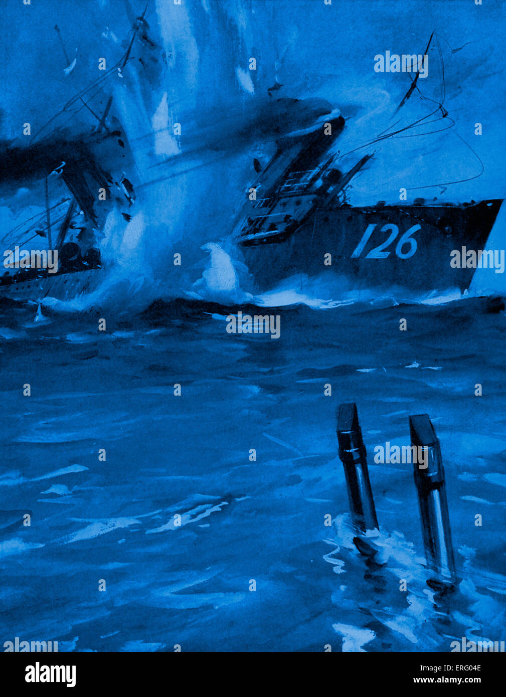 La Première Guerre mondiale- E Sous-marin9 coulant un destroyer allemand. À partir de 'Le Livre rouge de la guerre" par Herbert Strang. C.1916. Colorisées Banque D'Images