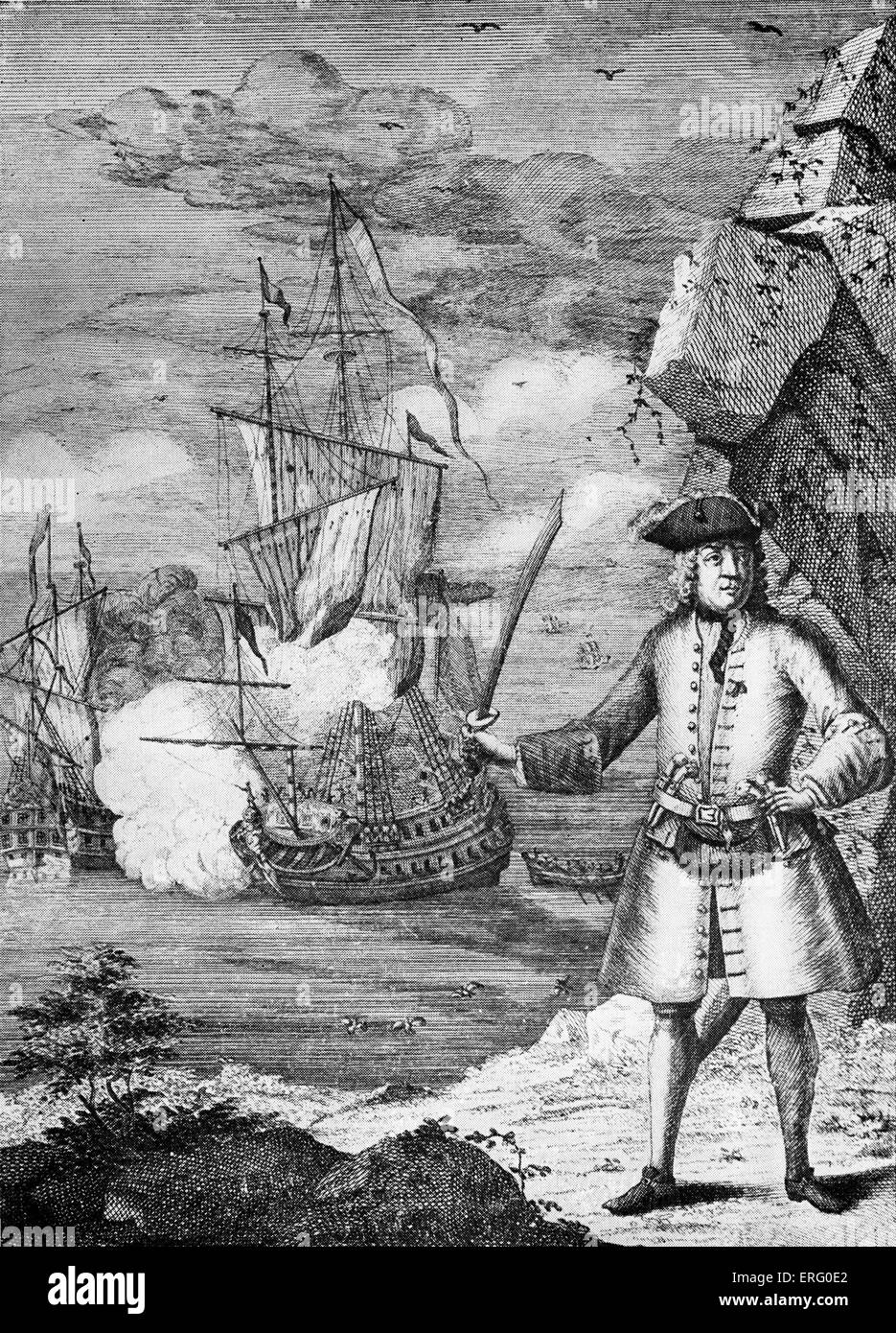 Le capitaine John Avery, la gravure. Sous-titre suivant "Capitaine John  Avery en tenant le grand Mogul 's ship'. Le pirate, John Avery et son  équipage, capturé l'empereur moghol Aurangzeb, le plus gros