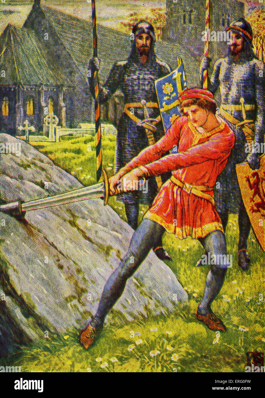 Le Roi Arthur tire l'épée de la pierre, par Walter Crane. Selon la légende, les lettres autour de l'épée Excalibur, Banque D'Images