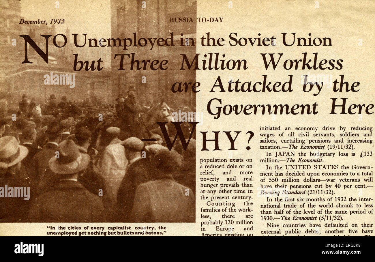 Pro-Soviet la propagande des années 30 dans 'la Russie à-jour", décembre 1932 edition. Sous-titre suivant:Pas de chômeurs dans l'Union soviétique mais Banque D'Images