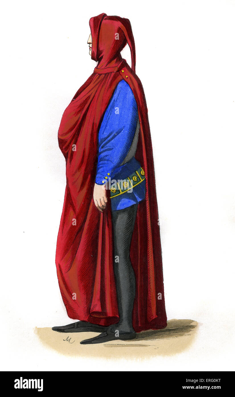 Jeune homme italien au 14e siècle porte manteau à capuchon, ouvert sur l'épaule droite. La couleur rouge est réservée à des nobels et chevaliers. Depuis longtemps les chaussures. 1847 version peinte à la main de l'illustration du 14ème siècle. Banque D'Images