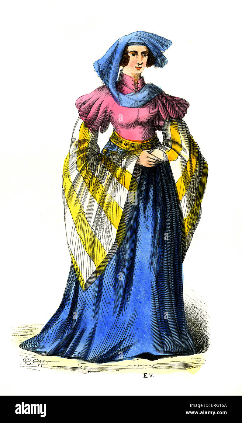 Lady - costume français à partir de la deuxième moitié du 15ème siècle, illustré portant un couvre-chef, grande ceinture manches et pendaison dénudée Banque D'Images
