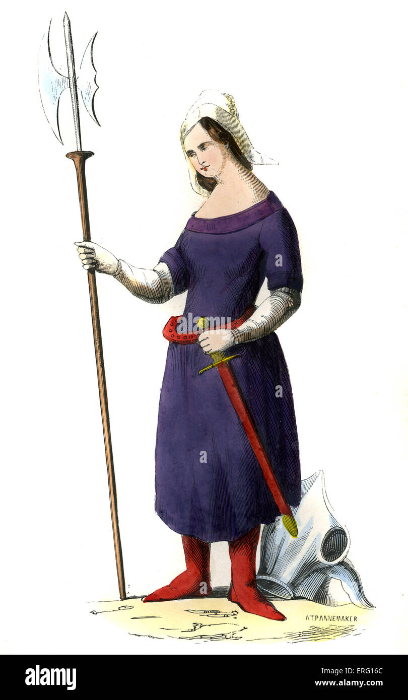 Jeanne d'Arc (Jeanne d'Arc, la Pucelle d'Orléans) en Lorraine traditionnelle robe pays avec guimpe hat, il est tenant une épée Banque D'Images Jeanne d'Arc (Jeanne d'Arc, la Pucelle d'Orléans) en Lorraine traditionnelle robe pays avec guimpe hat, il est tenant une épée Banque D'Images
