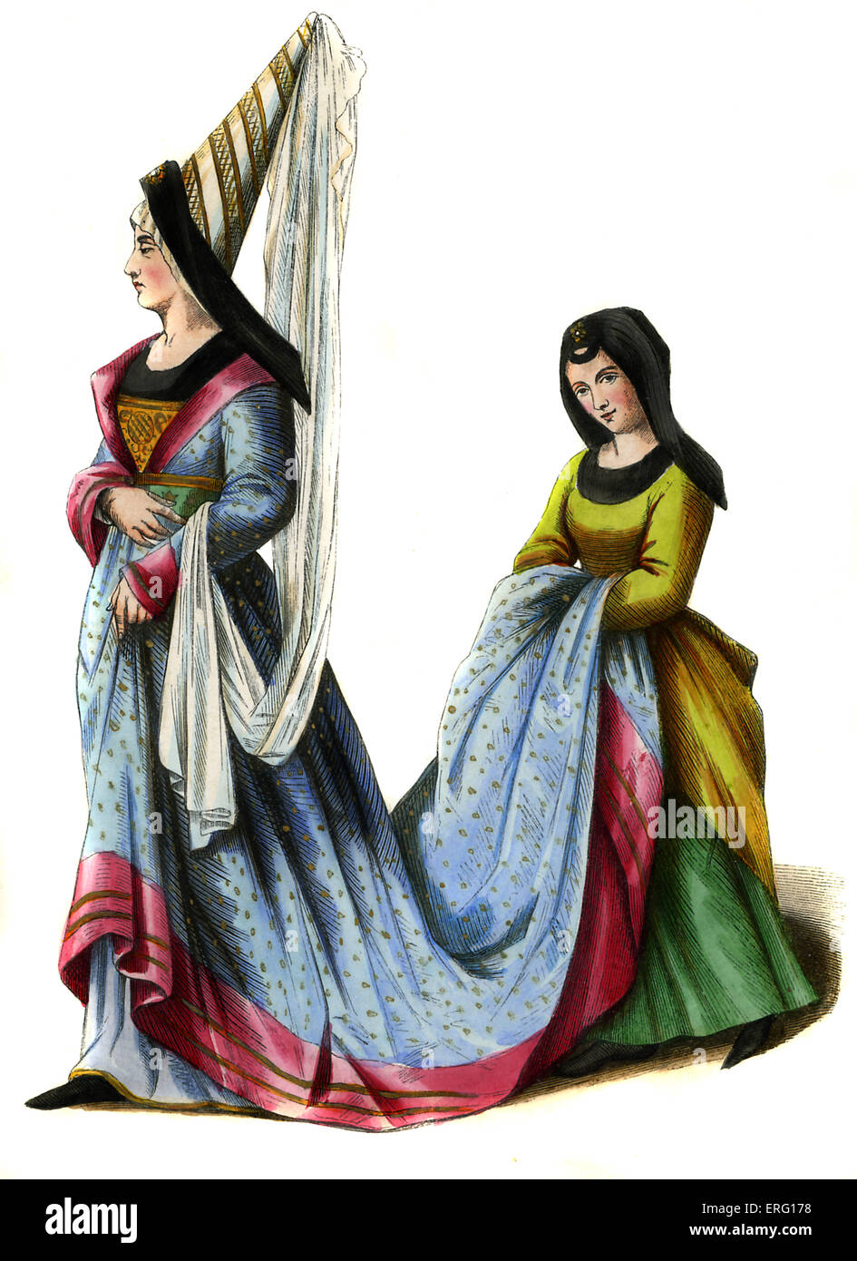 La noblesse française costume féminin - à partir de 15e siècle, illustré portant hennin hat (chapeau pointu), à taille haute robe en velours bleu Banque D'Images