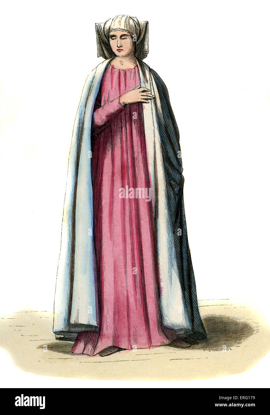La noblesse romaine costume féminin - à partir de 14e siècle, illustré portant une coiffe blanche, longue robe rose et bleu clair manteau. c. Banque D'Images