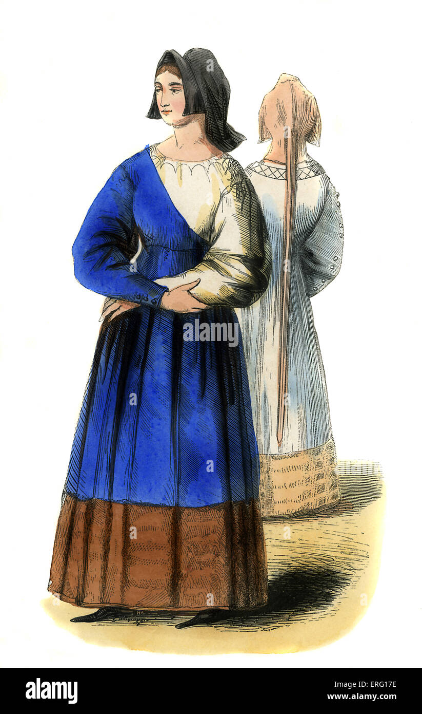 Les jeunes femmes italiennes - costumes féminins du 14ème siècle, illustré portant des bodiced robes, Sweats Chapeaux avec des boutons ornant la Banque D'Images