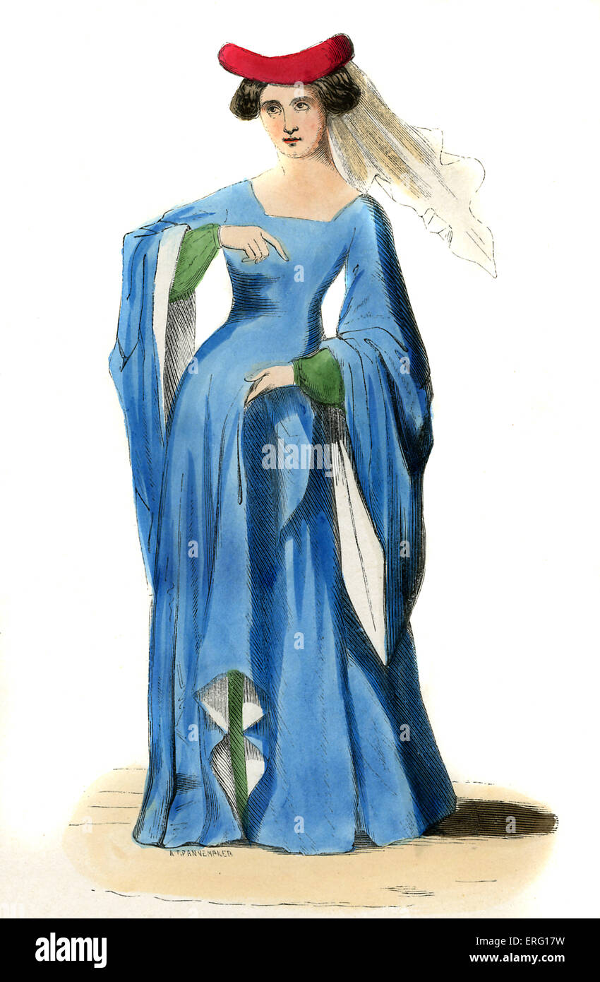 Jeune femme - costume féminin du 14ème siècle, montre une robe à queue bleue avec de manches et un style de cheveux birette hat. Banque D'Images