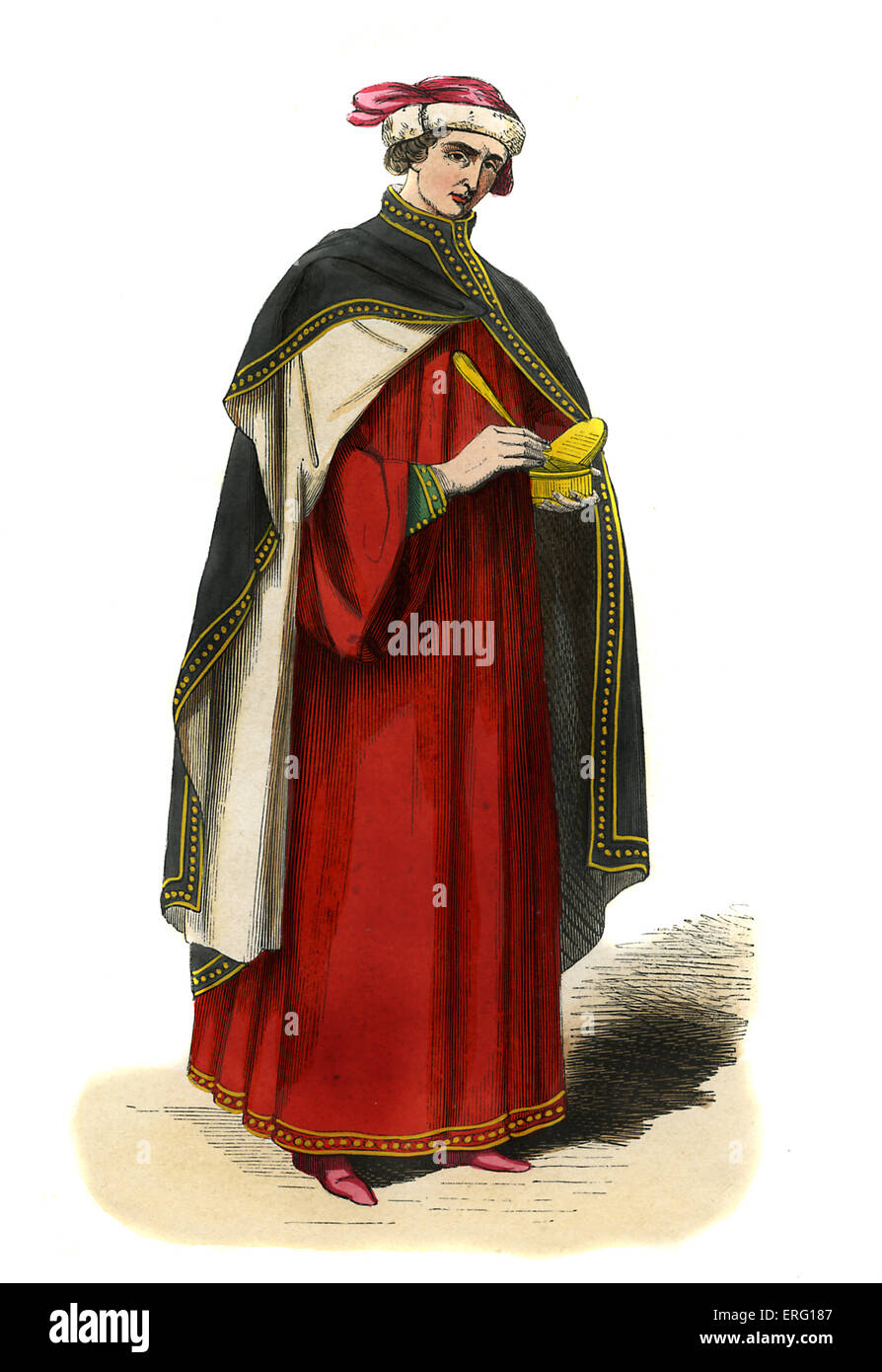 Medecin italien costume masculin du 14e siecle. Illustre holding medecin outils de travail Fort et completement et vetu d un habit ecarlate avec cape noire bordee de boutons d or et d un capuchon