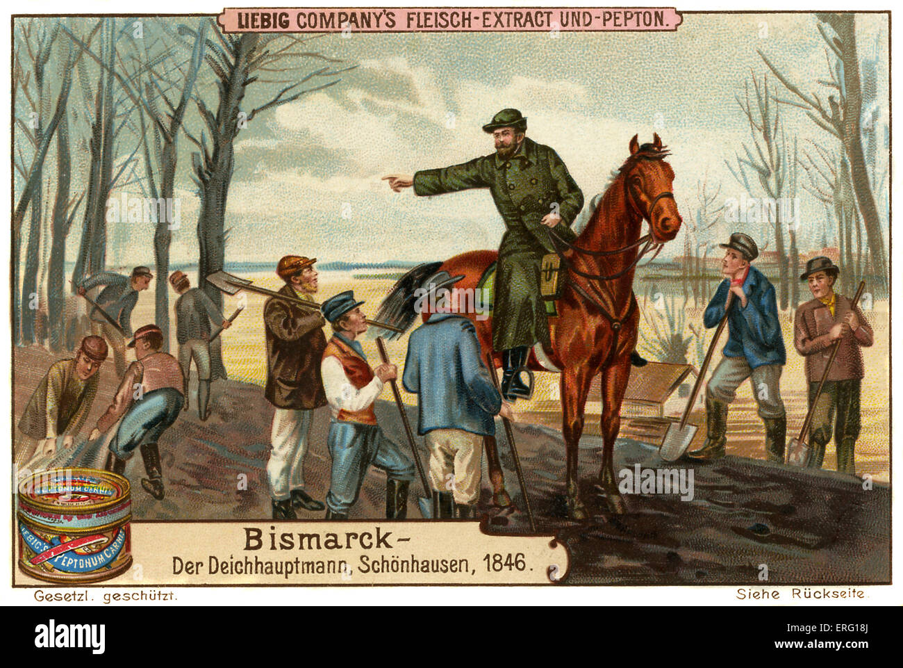Otto von Bismarck comme maître de digues en 1846 dans la région de Schoenhausen. Publicité pour une viande Liebig's Extract, 'Bismarck', série Banque D'Images