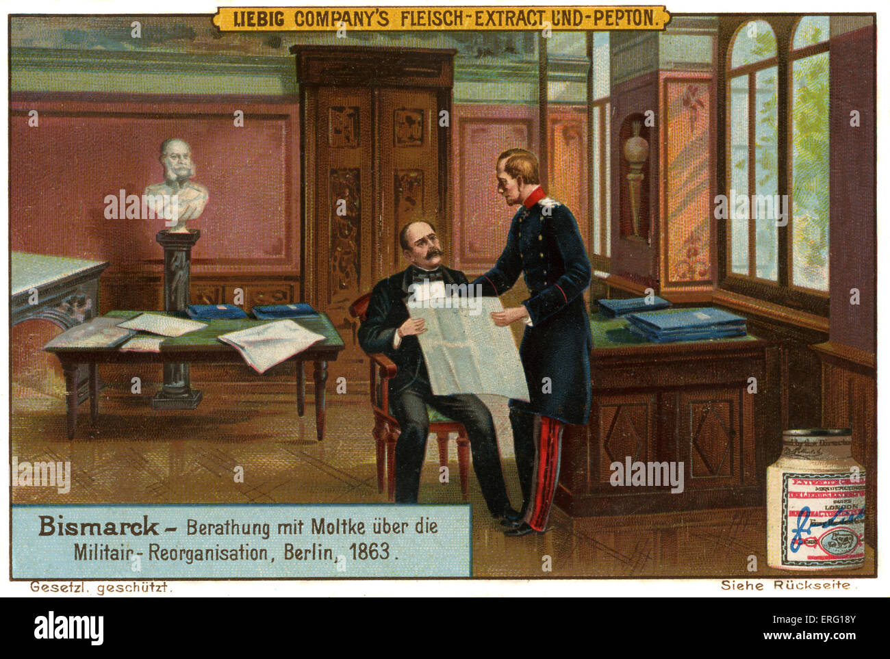 Bismarck et Moltke discuter de la réorganisation de l'armée à Berlin, 1863. Publicité pour une viande Liebig's Extract, 'Bismarck Banque D'Images