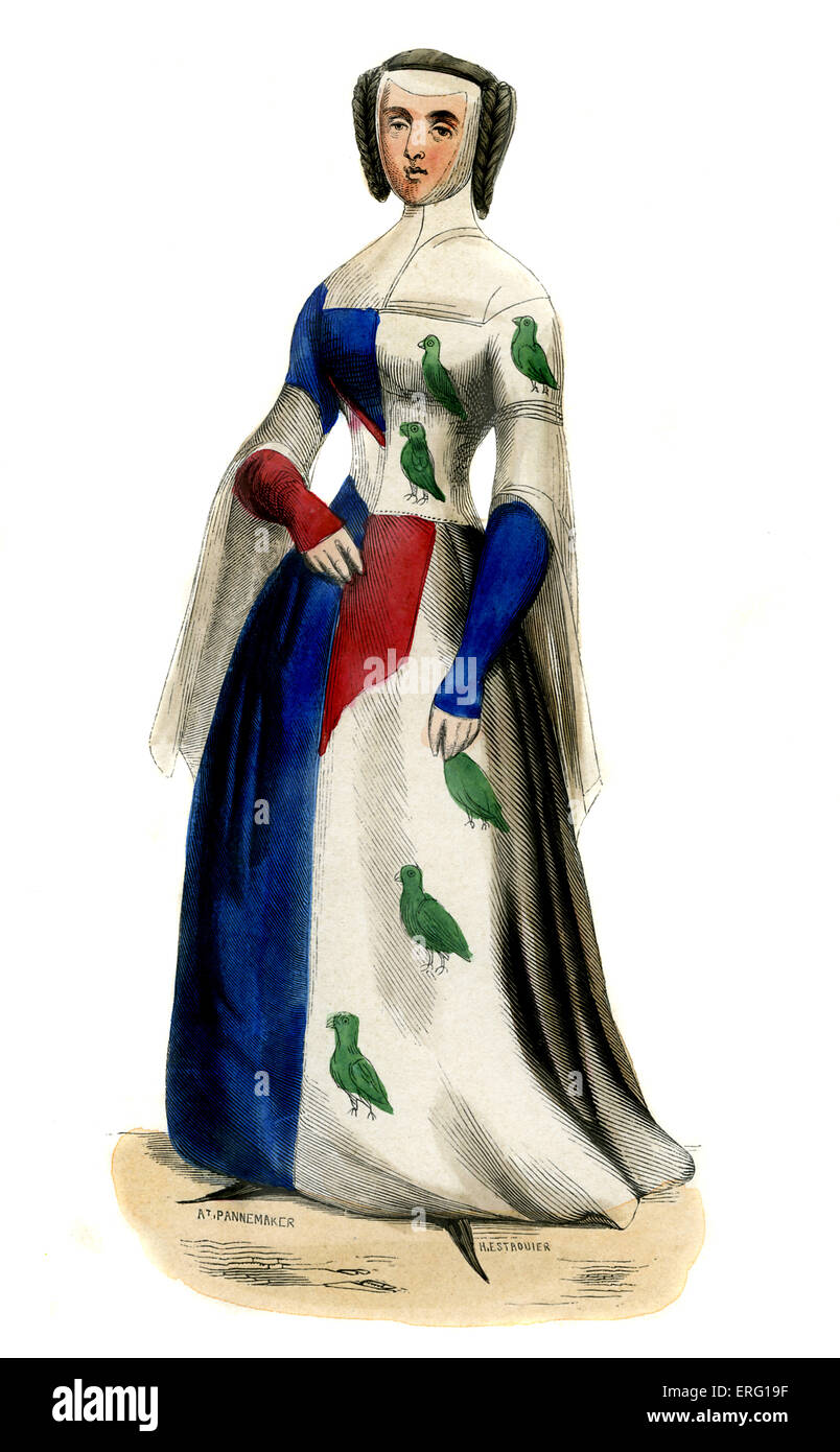 Costume femme, basée sur l'un porté par Anne Dauphine d'Auvergne, épouse de Louis II (1357 - 1417). Le port de particolored cotehardie bleu et blanc avec motif qui représente les armoiries de l'Auvergne. Ses cheveux sont décorées dans des tresses avec un grand lobe. c. 1847 copie peinte à la main de 14e siècle source. (Pannemaker) Banque D'Images