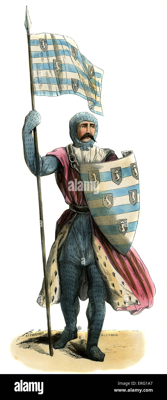 Sir John de Sitsylt, Knight - costume du 14ème siècle. Robe rouge bordée d'hermine portant sur toutes les armes avec chanmail, et des chaussures à éperons attachés. La tenue d'un drapeau et d'un bouclier arborant des armoiries de la famille. c. 1847 copie peinte à la main de l'art du 14ème siècle (Pannemaker) Banque D'Images