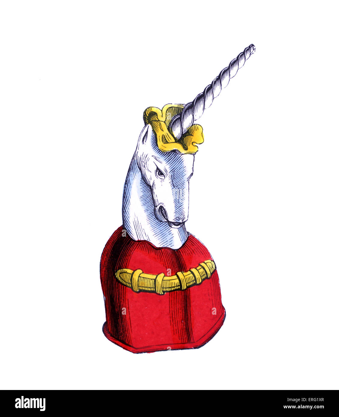 Armure militaire - costume pour le cheval chevalier, portant un caparaçon avec corne décorative sur sa tête. c. Peint à la main, 1847 Banque D'Images
