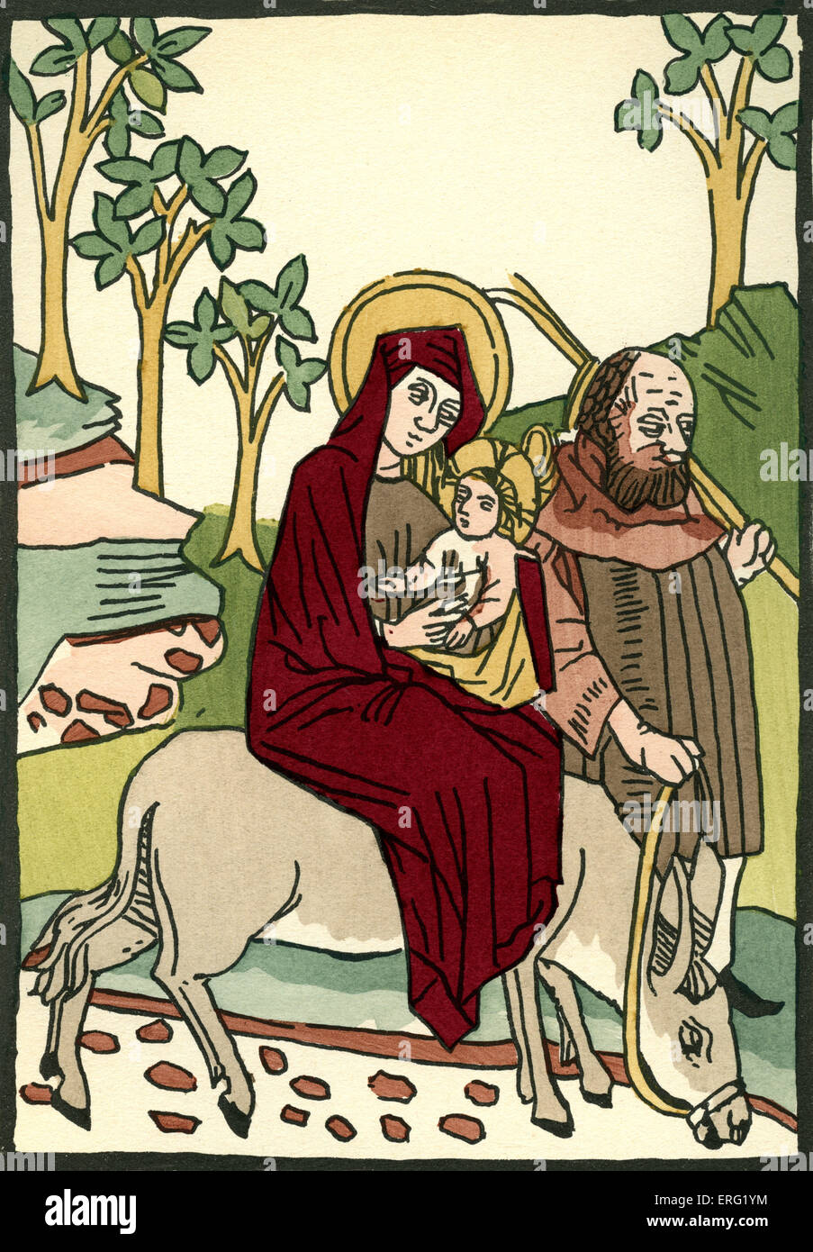 Joseph, Marie et l'enfant Jésus fuir la colère du roi Hérode en Égypte, comme dans l'évangile de Matthieu (2:13). Légende : "La fuite en Egypte". Jura souabe, vers 1470. Banque D'Images