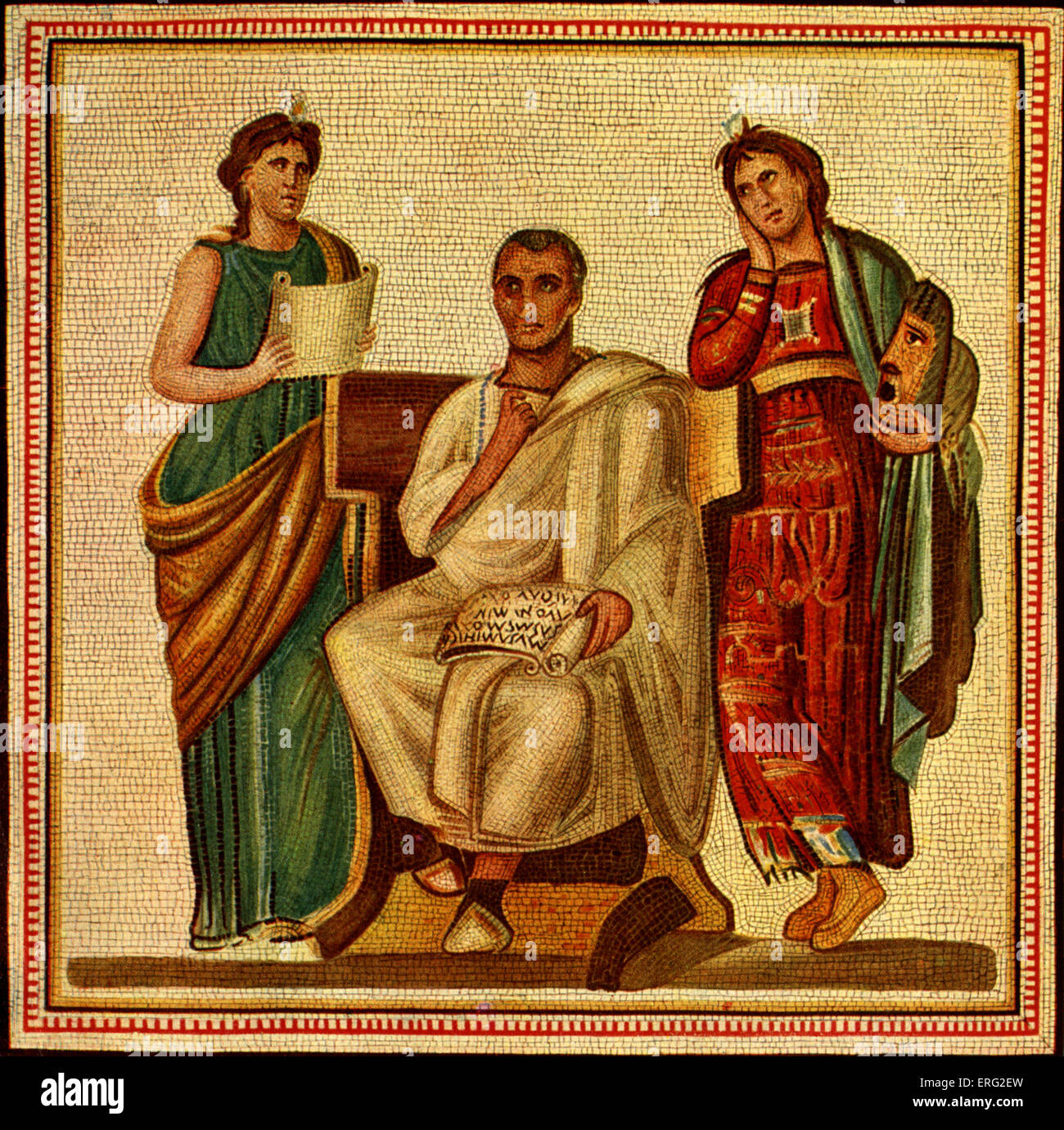 Virgil avec Clio et Melpomene, les muses de l'histoire et la tragédie. Mosaïque romaine trouvés dans Hadrumetum, Tunisie. Publius Virgilius Maro poète romain classique 15 octobre 70 - 21 septembre 19 BCE BCE. Banque D'Images