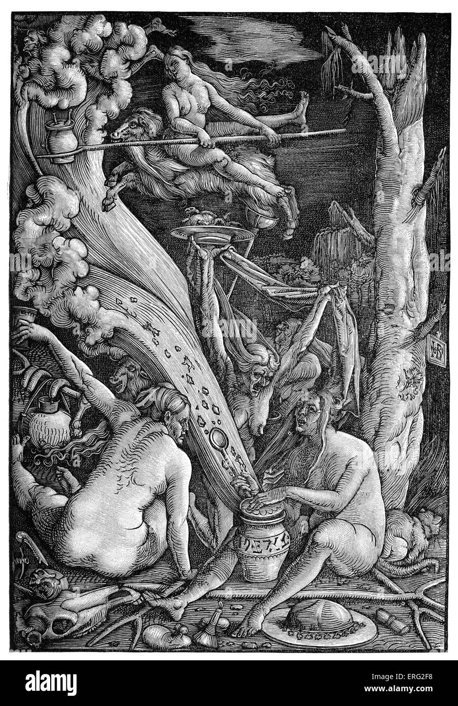 Un groupe de sorcières coven magie, potions de brassage. L'allemand du 16e siècle gravure sur bois par Hans Baldung Grien - artiste allemand - 1480 Banque D'Images