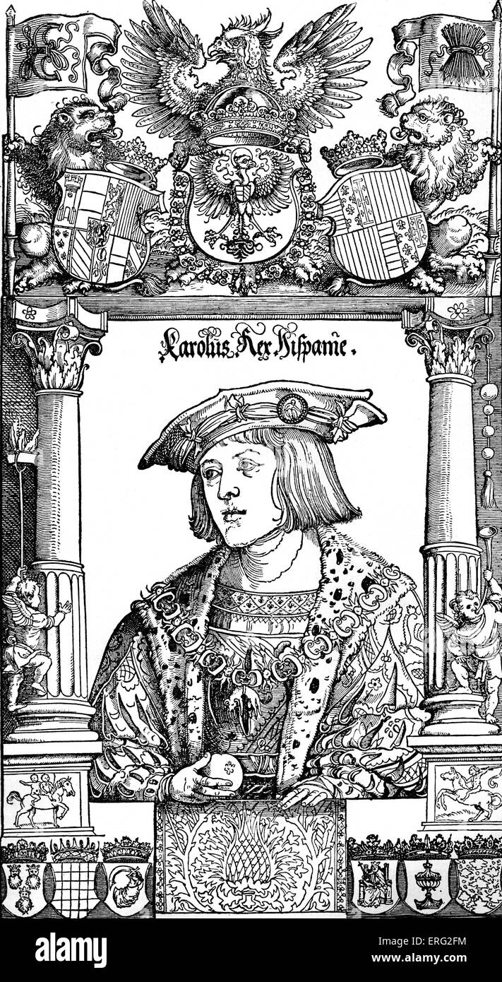 Charles V en tant que jeunes. Charles V Saint empereur romain 24 février 1500 - 21 septembre 1558. Gravure contemporaine. Banque D'Images