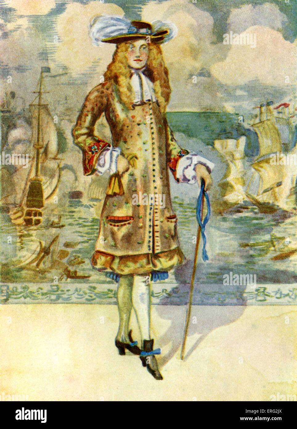 Costume de l' homme dans le règne de Charles II (1660 -1685). Le port d'un long corps hautement décoré-manteau, chapeau à large chapeau Cavalier Banque D'Images