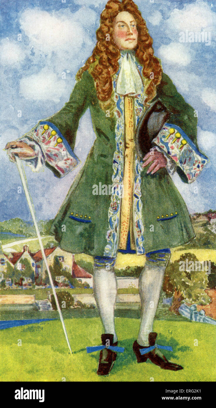 L' homme en costume règne de William et Mary (1689 -1702). En étudiant une jupe large et profondément refoulé, hautement Banque D'Images