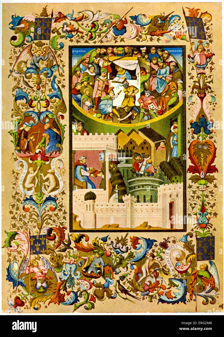 Miniature du théâtre français au Moyen Âge avec bordure décorative. À partir de l'un des manuscrits de Charles VI de Terence. Banque D'Images