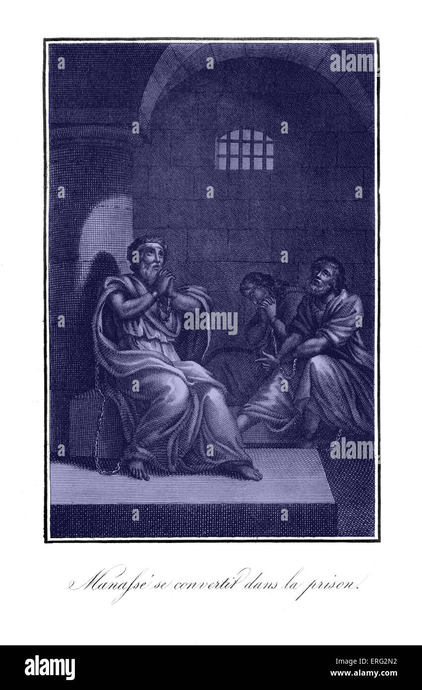 Manassé se repent en prison ayant infirmé les réformes religieuses d'Ézéchias, son père. Bible. Roi de Judée. Banque D'Images