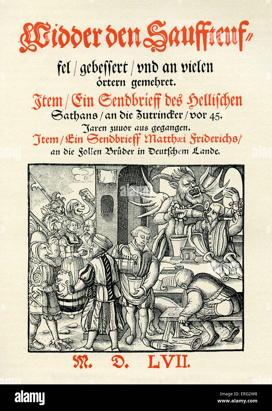 Pamphlet contre la consommation d'alcool. Les boissons alcoolisées sont caompared avec l'oeuvre du Diable et de ses démons. Banque D'Images